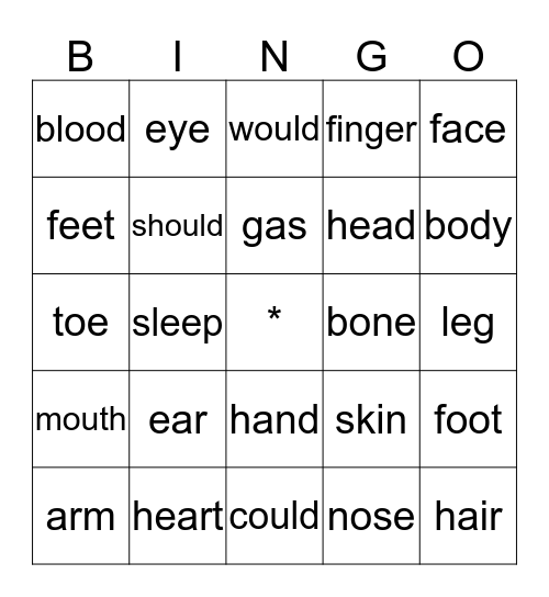 Head and Shoulders, Knees and Toes Bingo Card