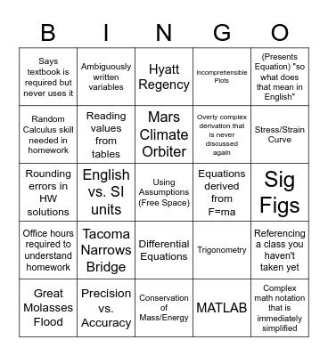 Engineering Class BINGO Card