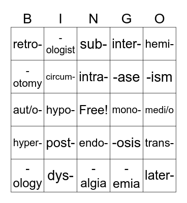 1.02 Medical Terminology Bingo Card