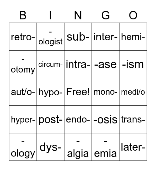 1.02 Medical Terminology Bingo Card