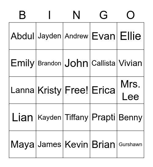 Names of people in our class Bingo Card