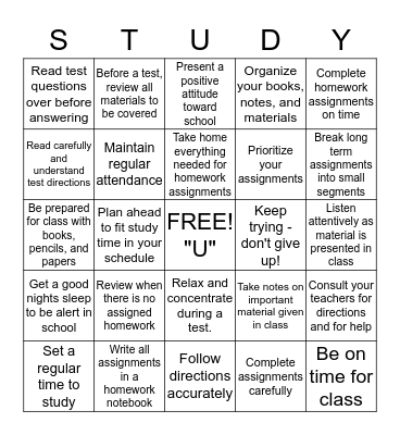 Study Skills Bingo Card