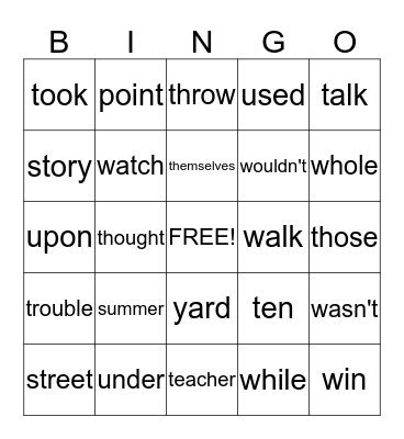 Sight Words Bingo Card