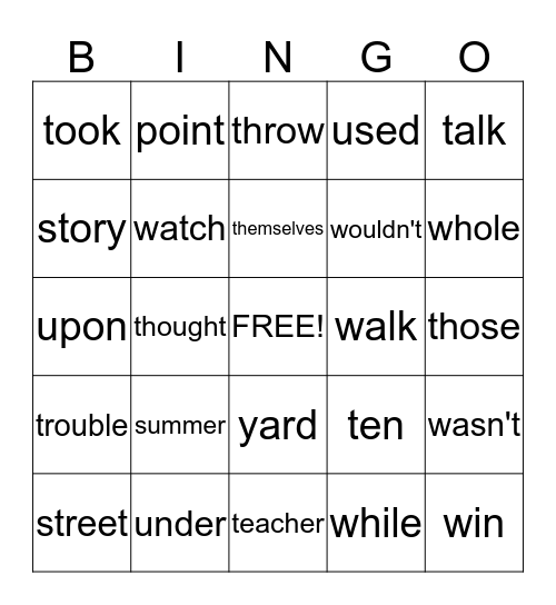 Sight Words Bingo Card