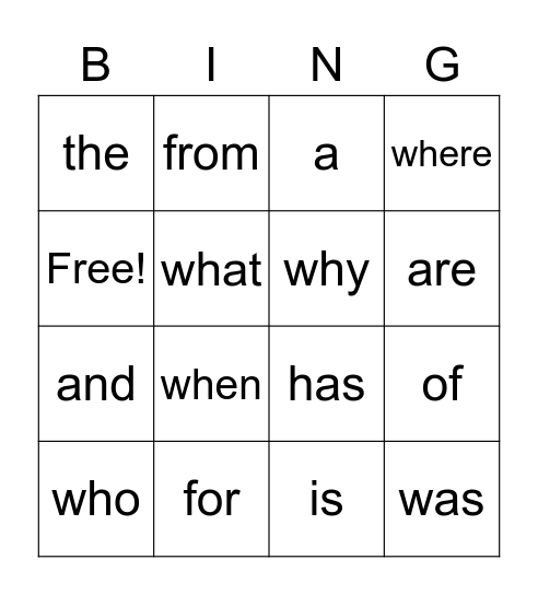 Jo and Nathan Sight Words Bingo Card