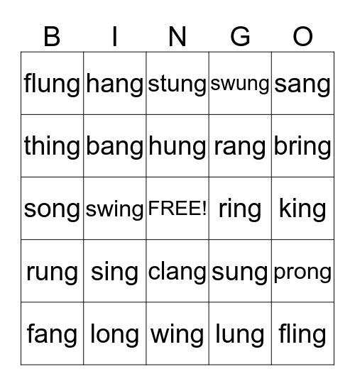 BINGO  (ing/ang/ong/ung) Bingo Card