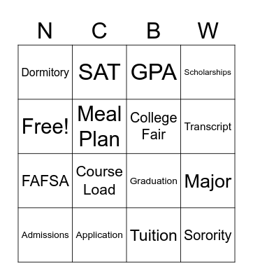 High Society Girls Go To College Bingo Card