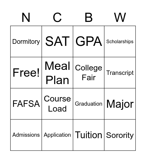 High Society Girls Go To College Bingo Card