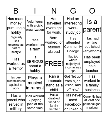 CG 521: Career and Lifestyle Bingo  Bingo Card