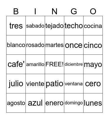 Spanish Bingo Card
