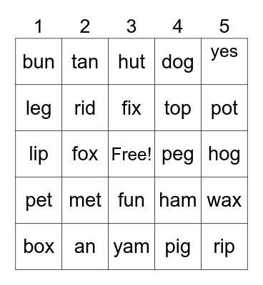 short vowels Bingo Card