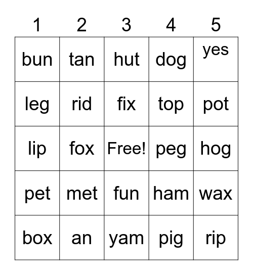 short vowels Bingo Card