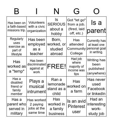 CG 521: Career and Lifestyle Bingo  Bingo Card