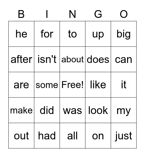 Sight Word BINGO Card