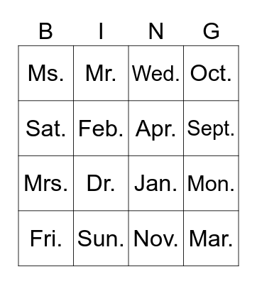 Abbreviations Bingo Card