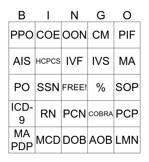 INSURANCE Bingo Card