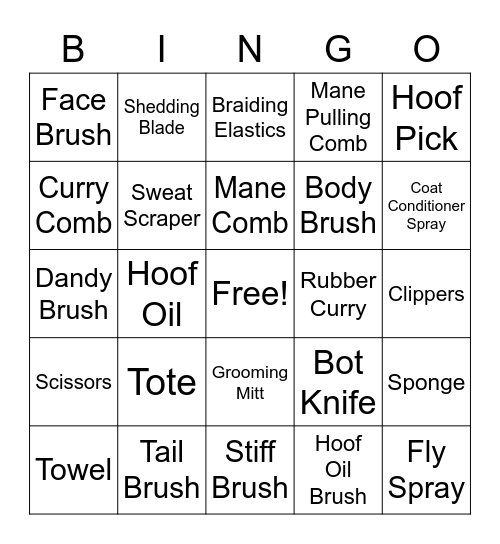 Grooming Equipment Bingo Card