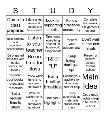 Study Skills Bingo Card