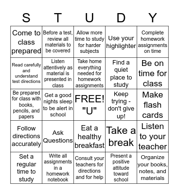 Study Skills Bingo Card