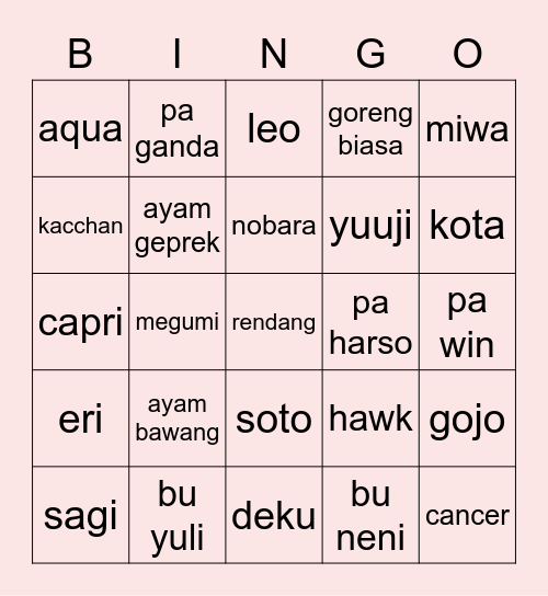 arga cupaps Bingo Card