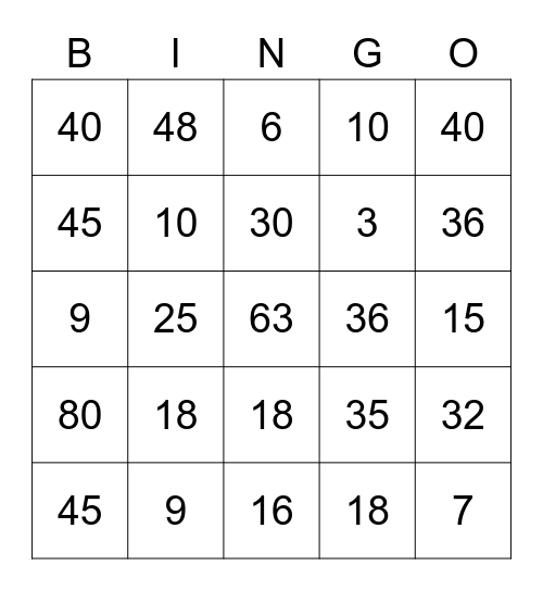 Multiplication Bingo Card