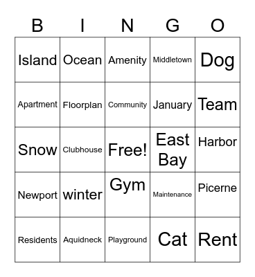 East Bay and Harbor Village Bingo Card