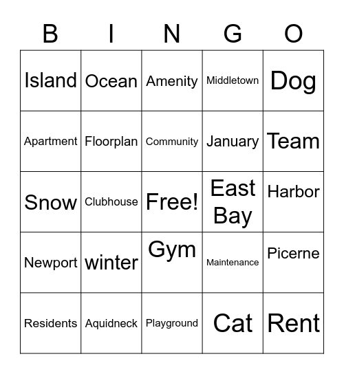 East Bay and Harbor Village Bingo Card