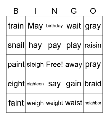BINGO eigh/ay/ai Bingo Card