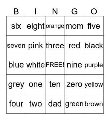 Numbers/Colors Bingo Card