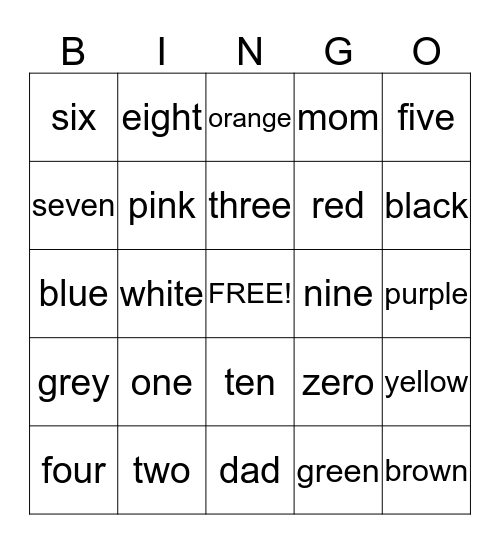Numbers/Colors Bingo Card