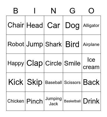 Easy Charades Words 1 Bingo Card