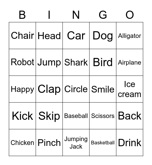 Easy Charades Words 1 Bingo Card