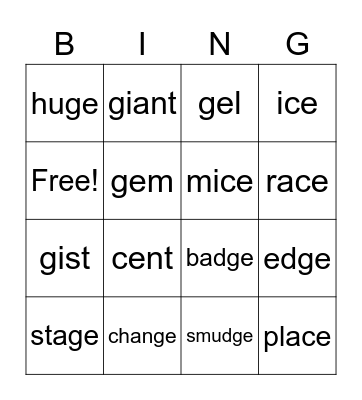 Soft c and Soft g Bingo Card