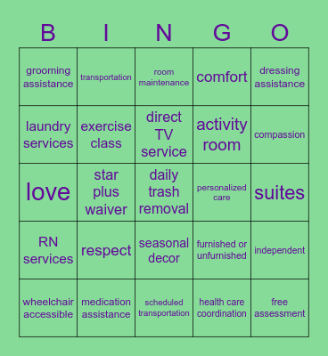 Wesley House Assited Living Bingo Card