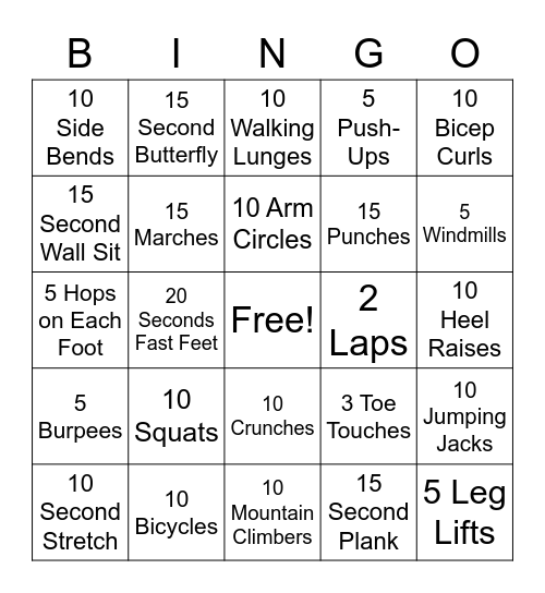 Fitness Bingo Card