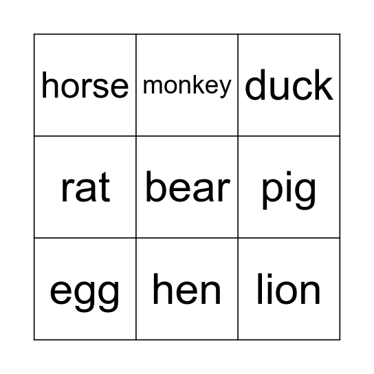 Animals Bingo Card