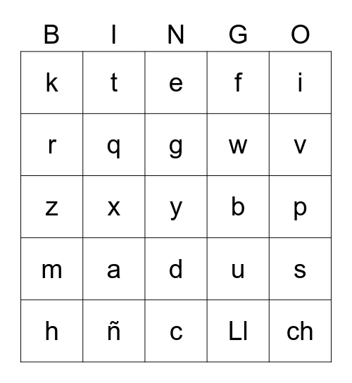 Spanish Alphabet Bingo Card