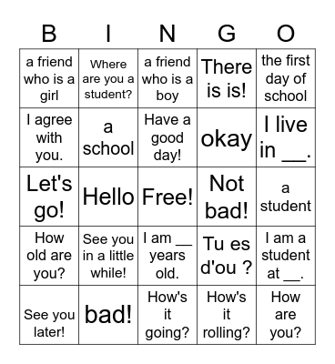 On se présente en français Bingo Card