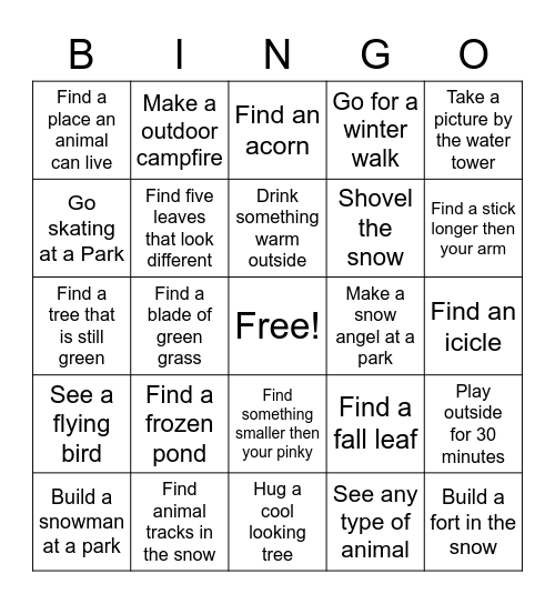 Winter Nature Bingo Card