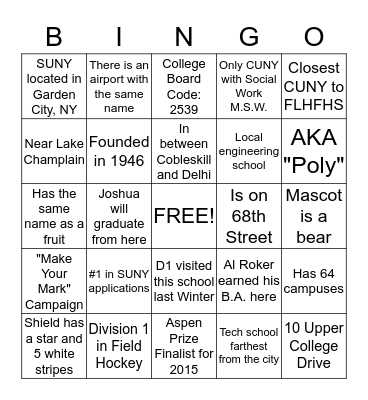SUNY Bingo Game Bingo Card