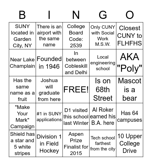 SUNY Bingo Game Bingo Card