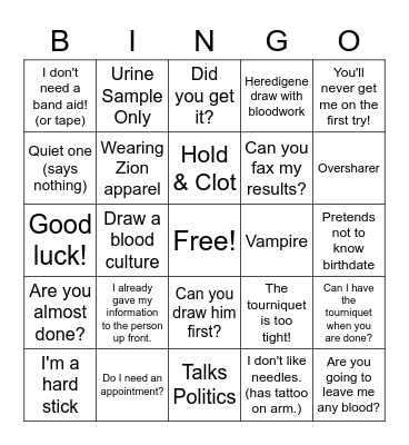 Phlebotomist Bingo Card