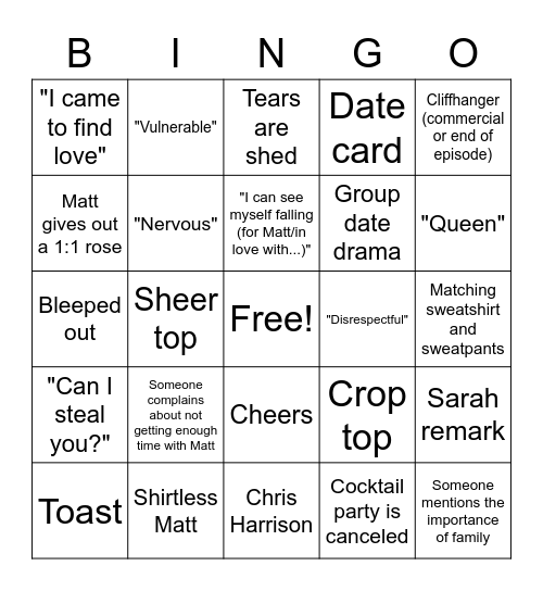 Matt James 919 Week 4 Bingo Card