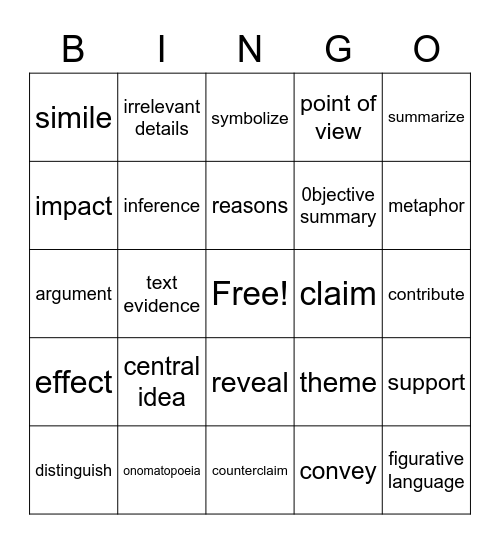 ELA Terms Review Bingo Card