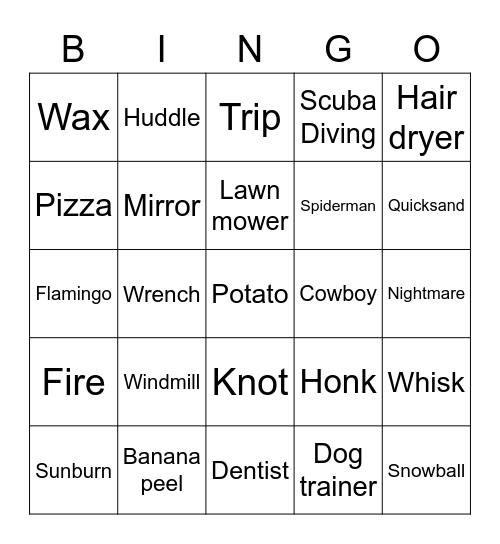 Hard Charades Words Bingo Card