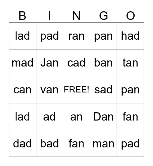 -an & -ad Bingo Card