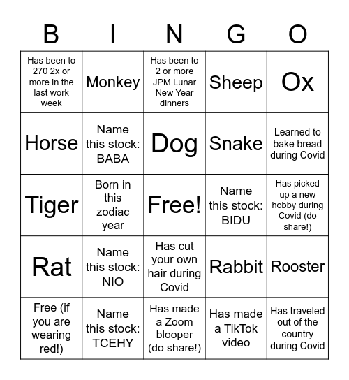 10th Annual JPMAM Lunar New Year Bingo Card