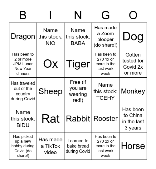 10th Annual JPMAM Lunar New Year Bingo Card