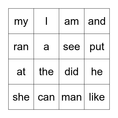 Sight Words Bingo Card