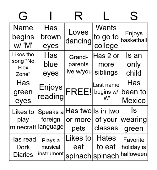 Getting to Know Each Other- Girls Inc. Bingo!  Bingo Card